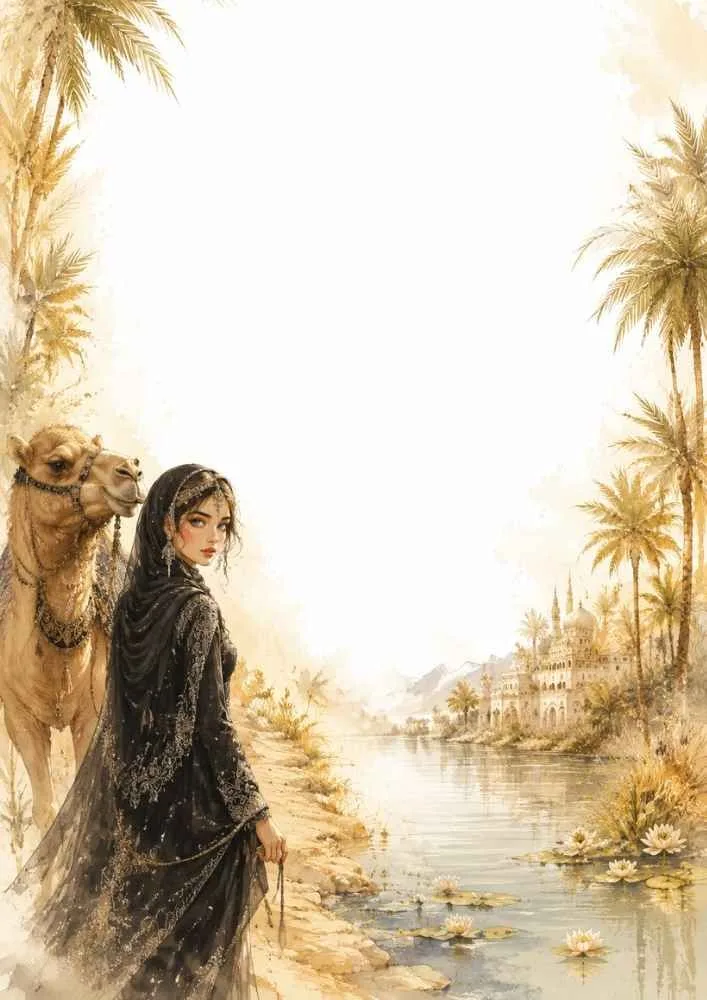 Princess and camel beside a river with palm trees and palace scenery.