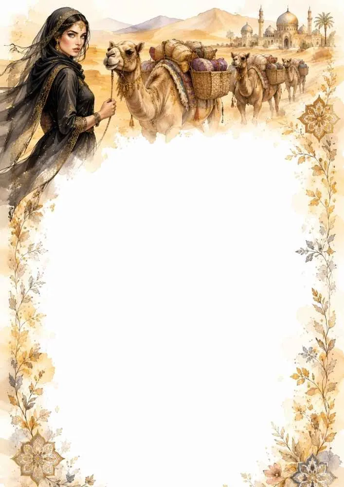 Desert princess beside a caravan of camels traveling through the desert.