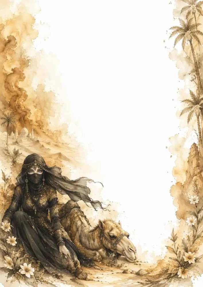 Veiled princess sitting near a resting camel among flowers and desert dunes.