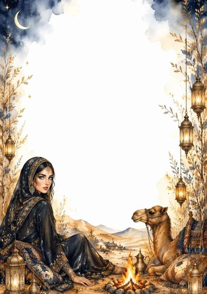 Princess and camel beside a campfire with lanterns in the desert at night.