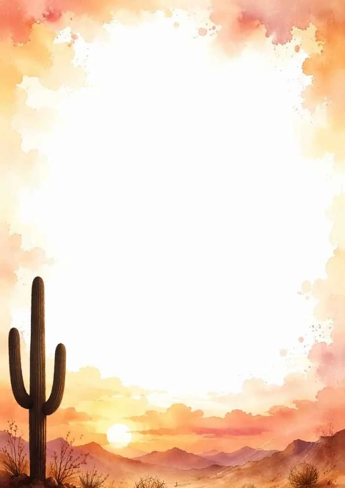 Tall cactus beside a desert sunset with mountains and watercolor border.