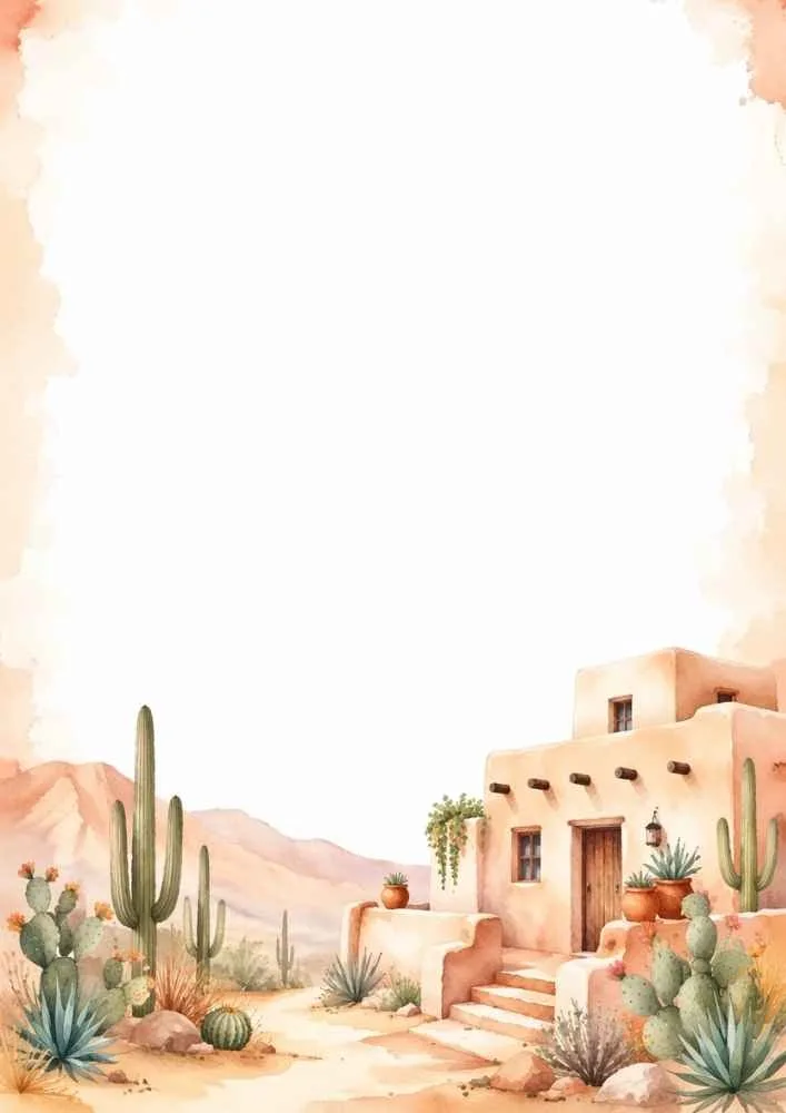 Adobe desert house surrounded by cacti, succulents, and mountains.