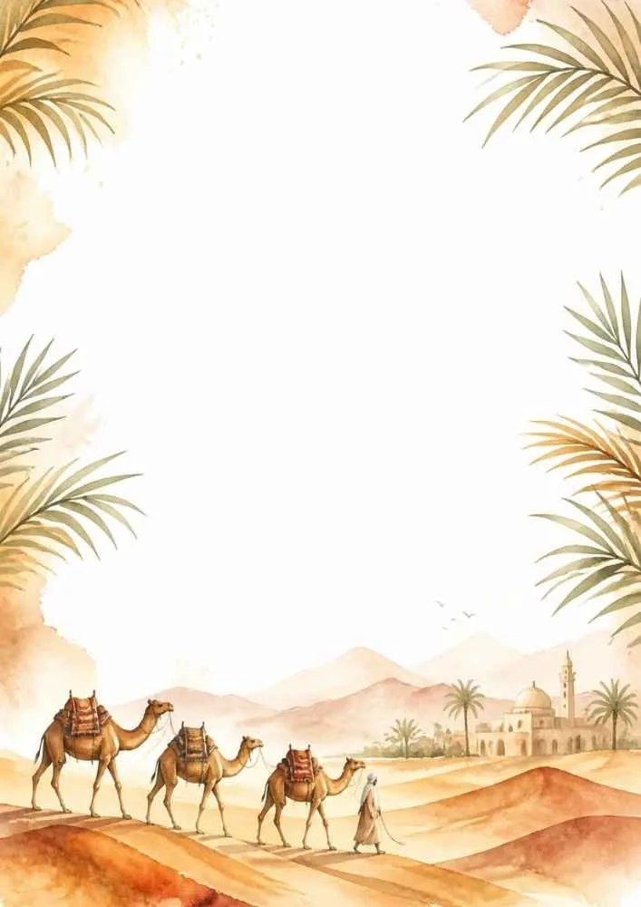 Camel caravan crossing desert dunes toward a distant village.