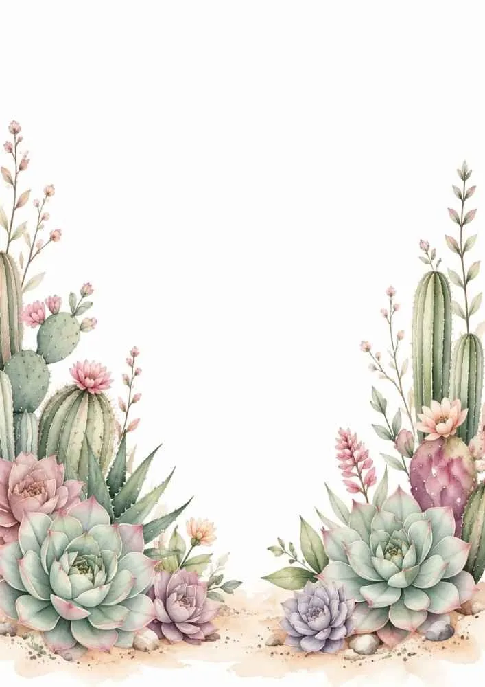 Succulents, blooming cacti, and flowers forming a desert garden border.