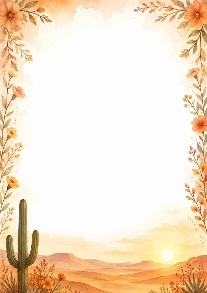 Desert sunrise bordered by orange flowers and tall cacti.