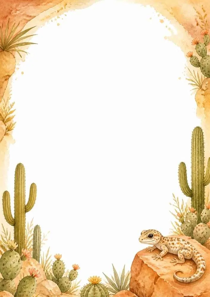 Desert gecko on a rock surrounded by cacti and succulents.