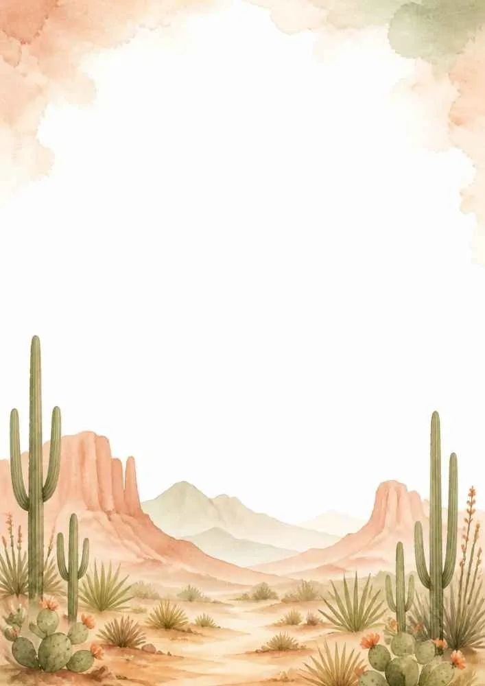 Desert valley with cacti, rock formations, and distant mountains.