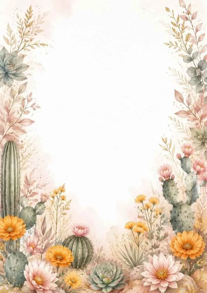 Pastel desert flowers, cacti, and succulen
