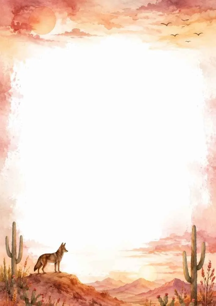 Coyote standing on a hill at sunset in a desert scene.