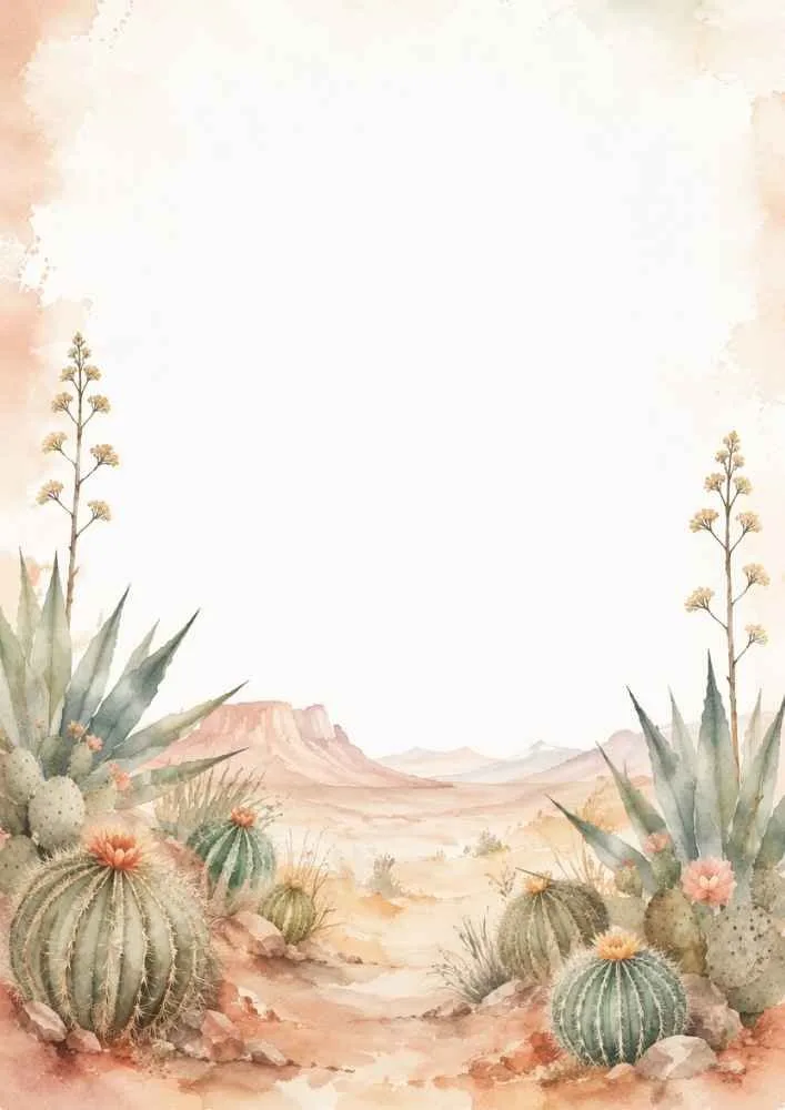 Desert path bordered by barrel cacti, agave plants, and rocky terrain.