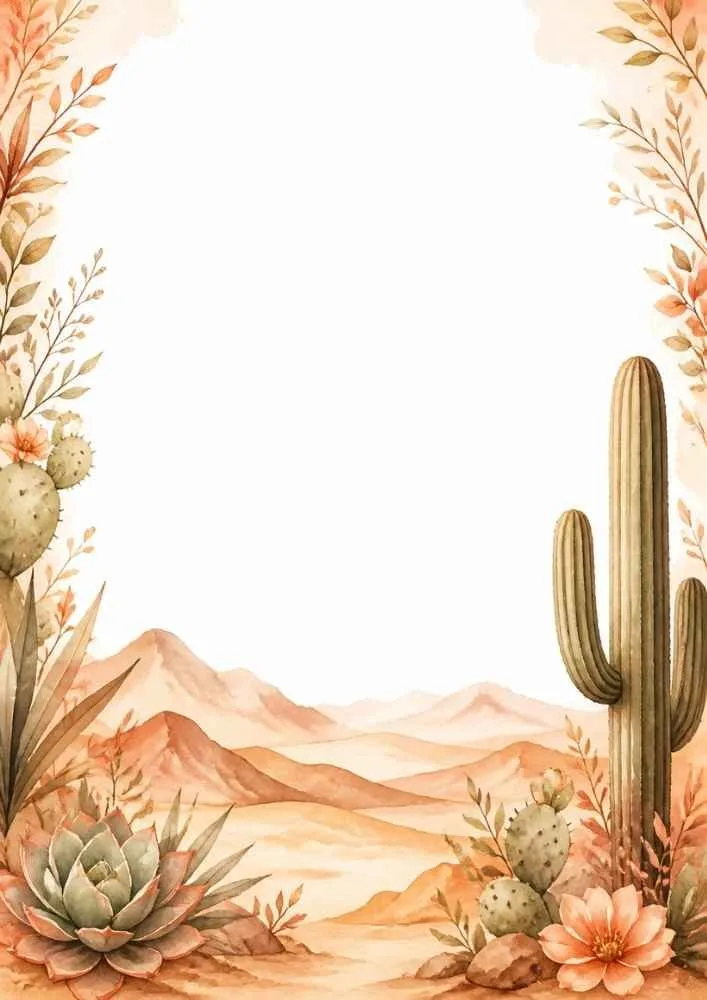 Desert border with cacti, succulents, flowers, and distant mountains.