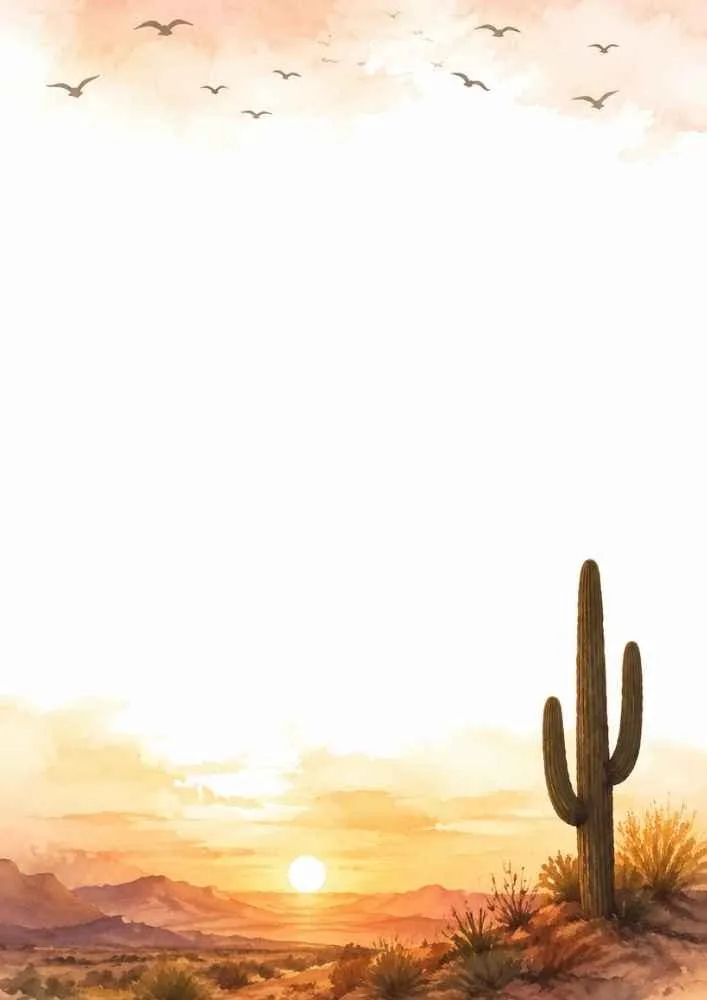 Golden desert sunset with cactus, mountains, and watercolor sky.