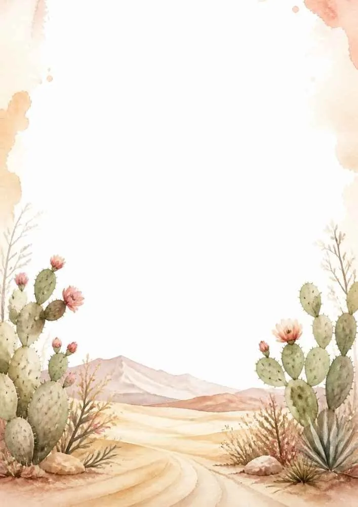 Desert trail bordered by flowering cacti and soft watercolor scenery.
