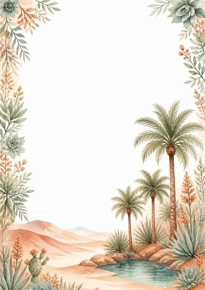 Desert oasis with palm trees, pond, succulents, and mountains.