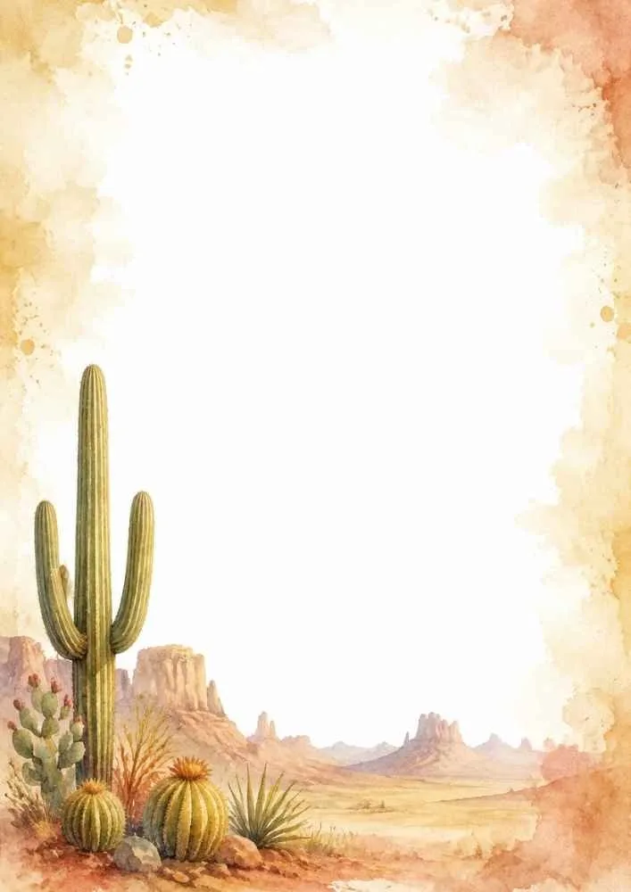 Southwestern desert with cacti, mesas, and warm watercolor sky.