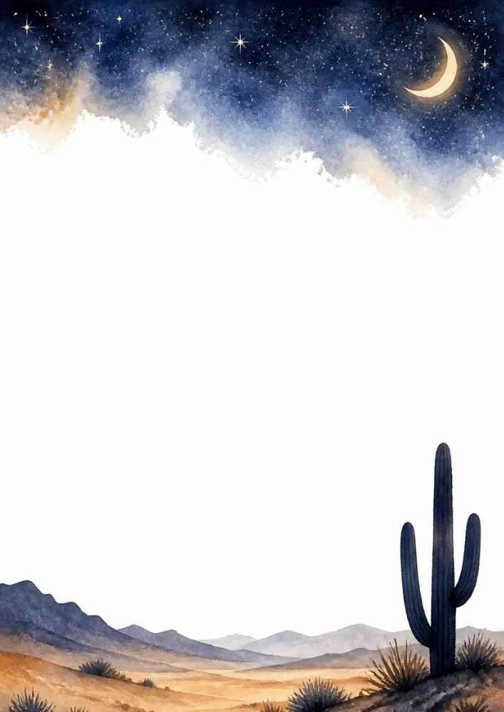 Crescent moon and stars above a cactus in a desert night scene.