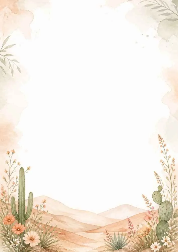 Desert hills bordered by wildflowers, cacti, and watercolor plants.