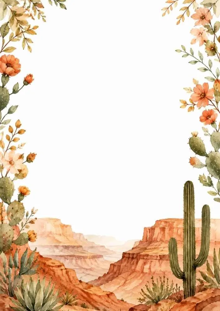 Canyon landscape bordered by cacti, flowers, and desert cliffs.