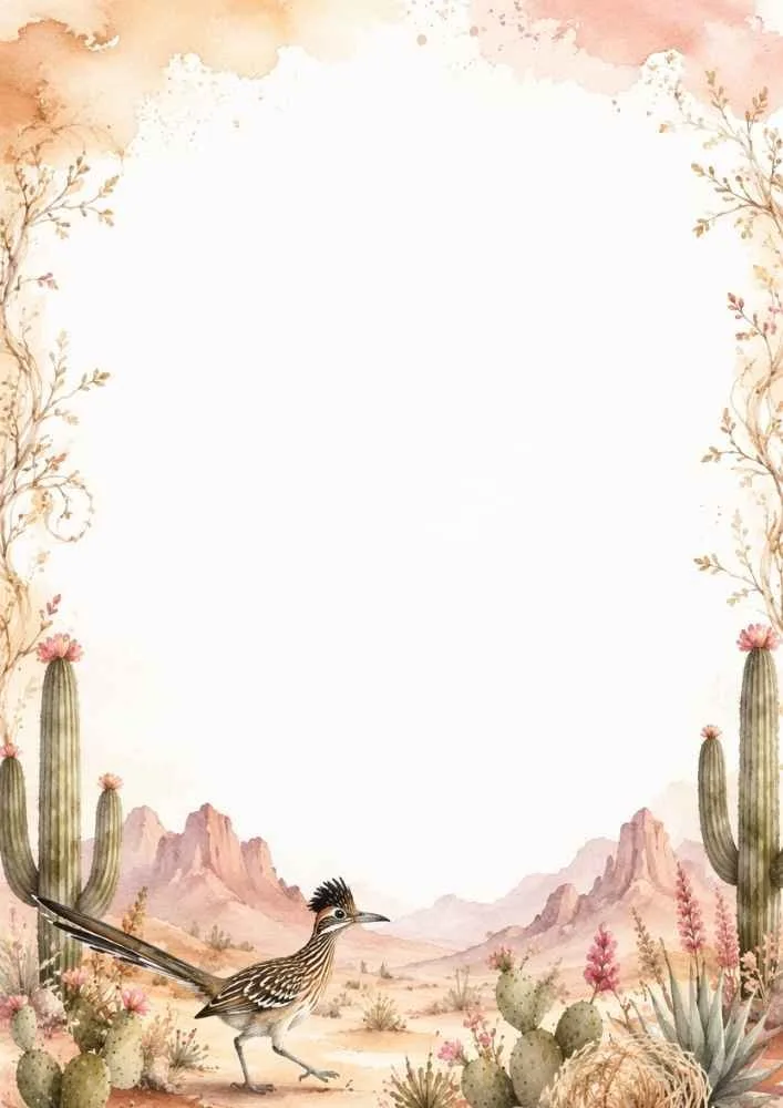 Roadrunner bird in a desert landscape with cacti and flowers.