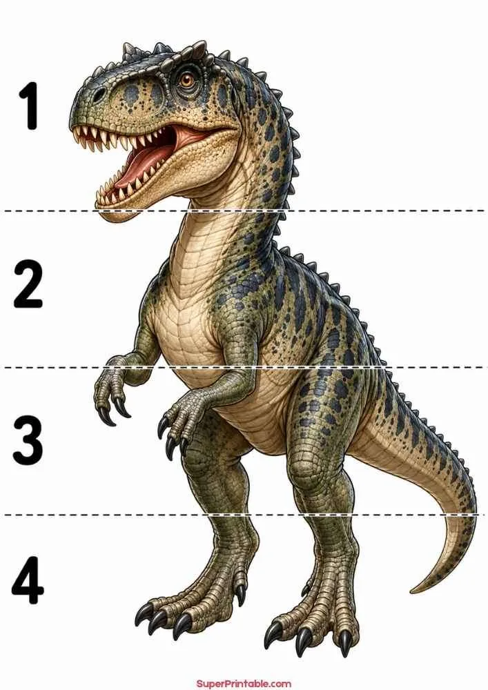 Allosaurus dinosaur worksheet with numbers 1 to 4 for preschool counting practice.