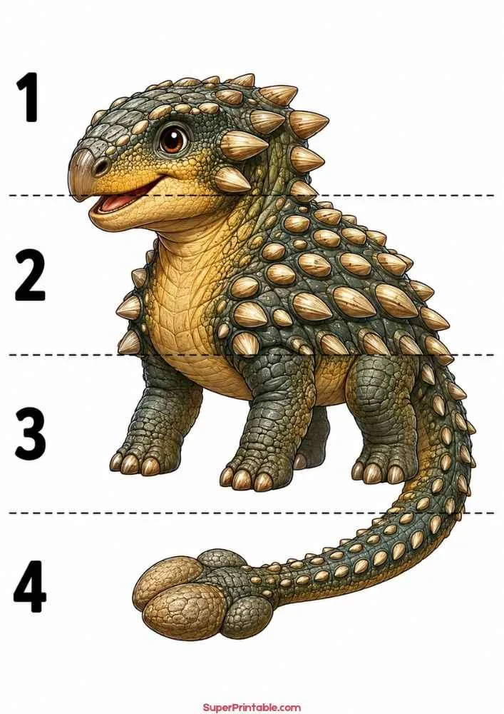 Ankylosaurus dinosaur worksheet with numbers 1 to 4 and dinosaur illustration.