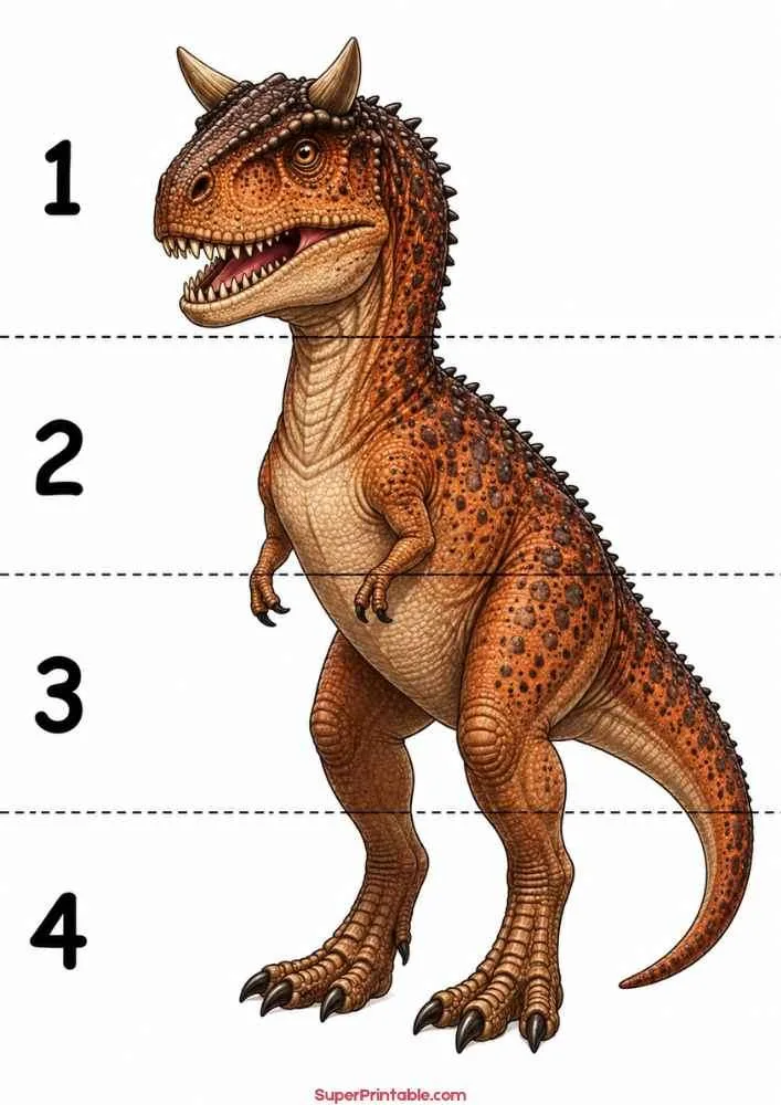 Carnotaurus dinosaur worksheet showing numbers 1 to 4 for kids.