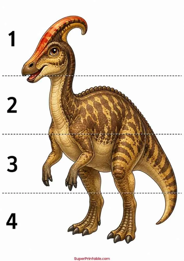 Corythosaurus dinosaur worksheet with numbers 1 to 4 for preschoolers.