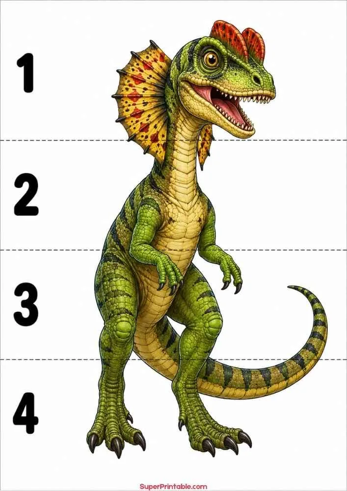 Dilophosaurus dinosaur worksheet featuring numbers 1 to 4.