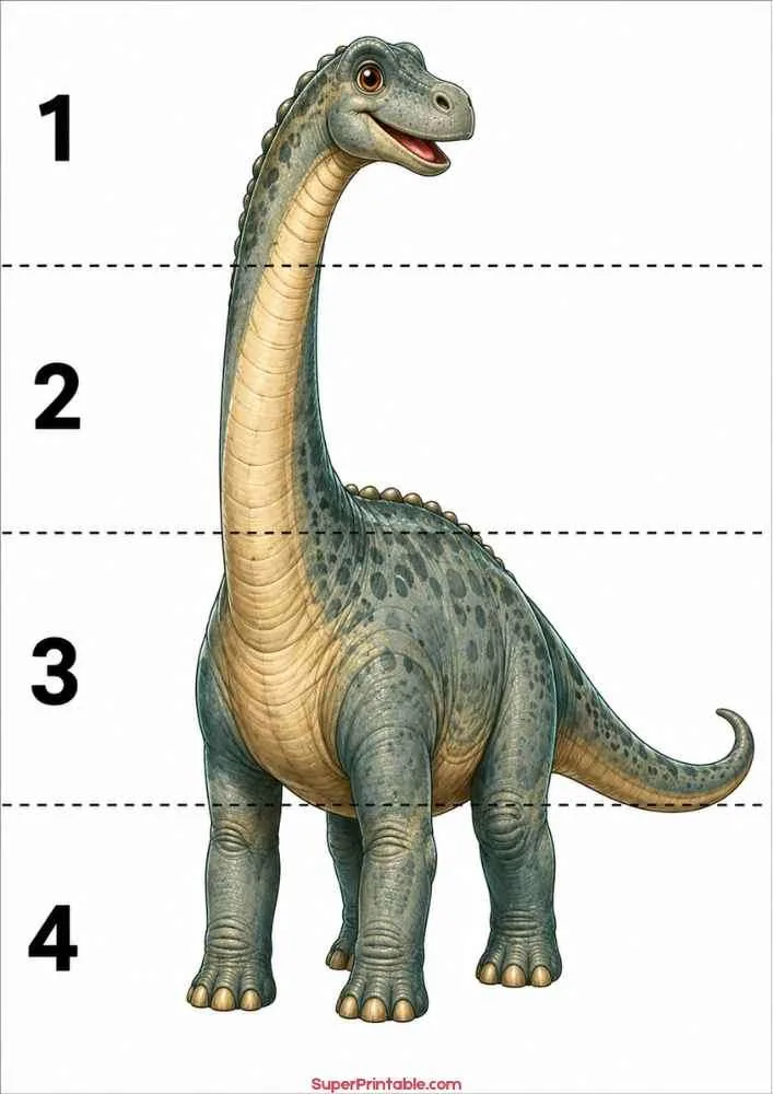 Diplodocus dinosaur worksheet with numbers 1 to 4 for children.
