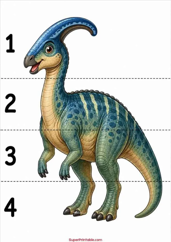 Parasaurolophus dinosaur worksheet with numbers 1 to 4.