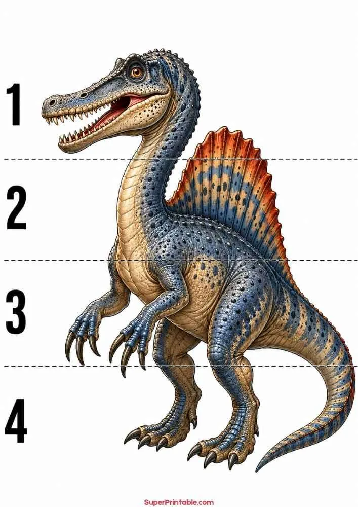 Spinosaurus dinosaur worksheet featuring numbers 1 to 4.