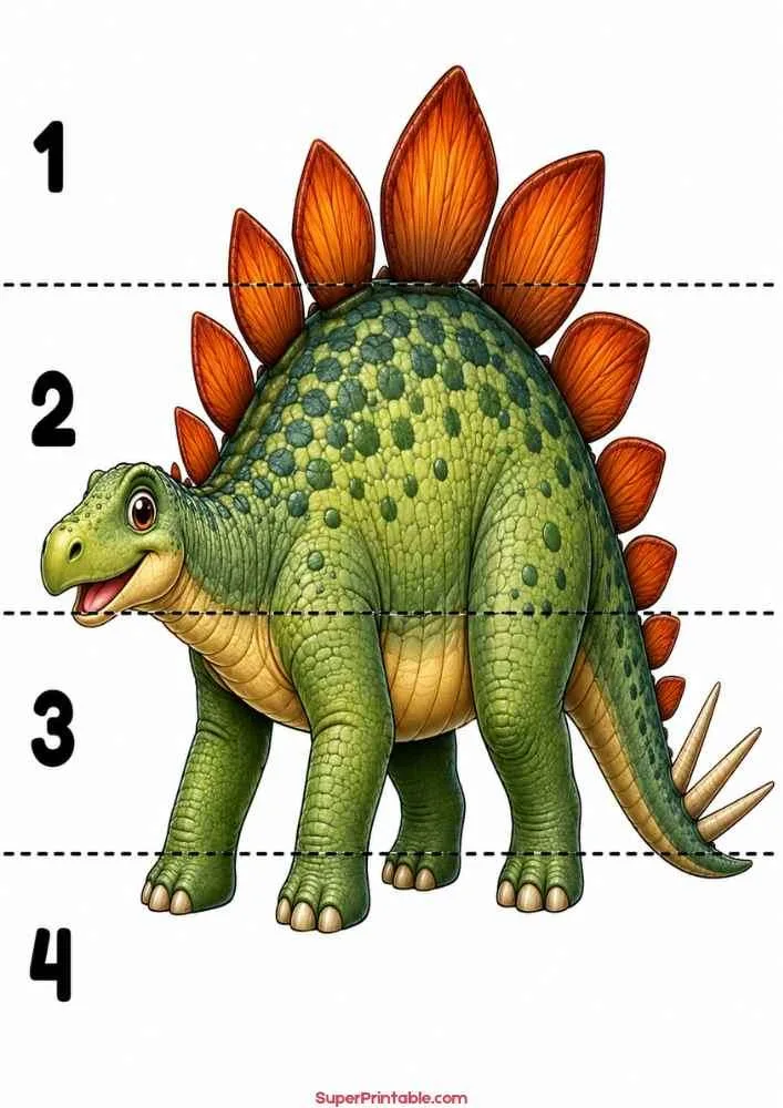Stegosaurus dinosaur worksheet with numbers 1 to 4.