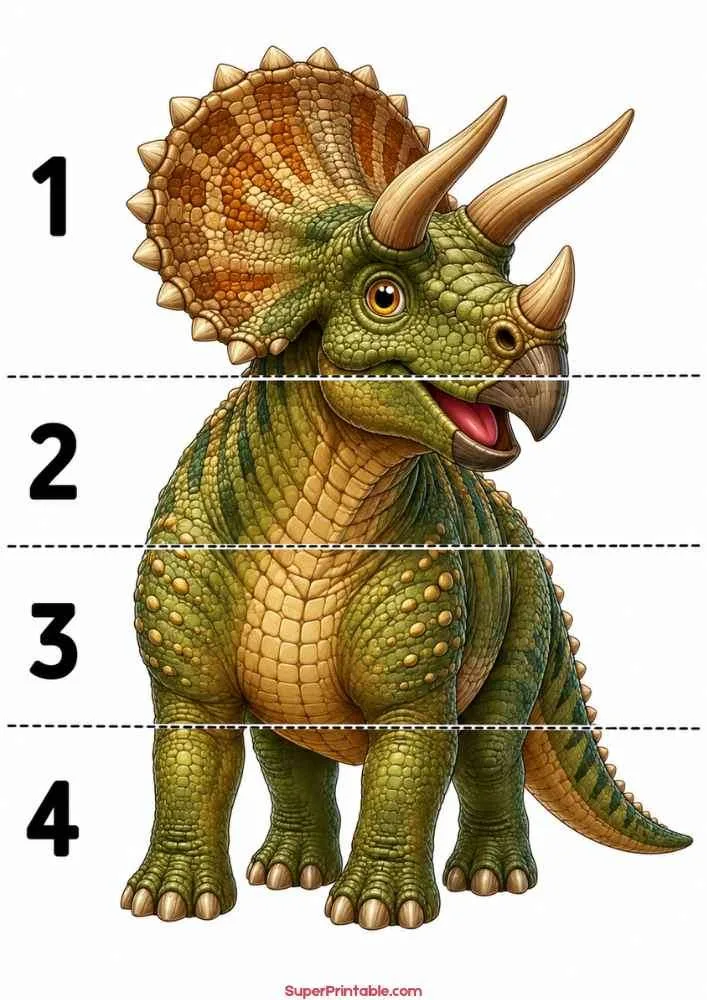 Triceratops dinosaur worksheet with numbers 1 to 4.
