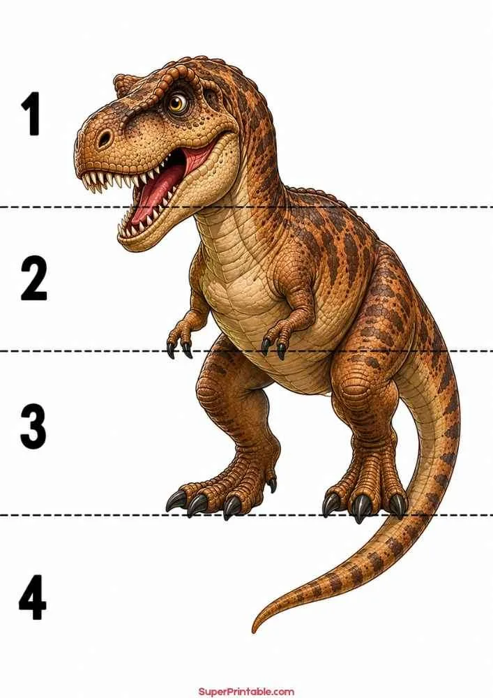Tyrannosaurus Rex dinosaur worksheet featuring numbers 1 to 4.