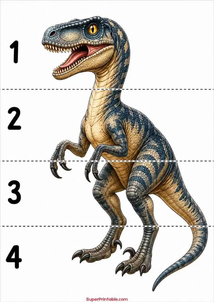 Velociraptor dinosaur worksheet with numbers 1 to 4 for kids.