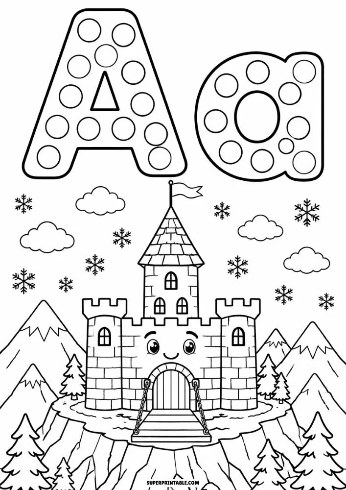 Letter A and lowercase a dot marker activity page with a smiling castle on a mountain surrounded by snowflakes and trees.