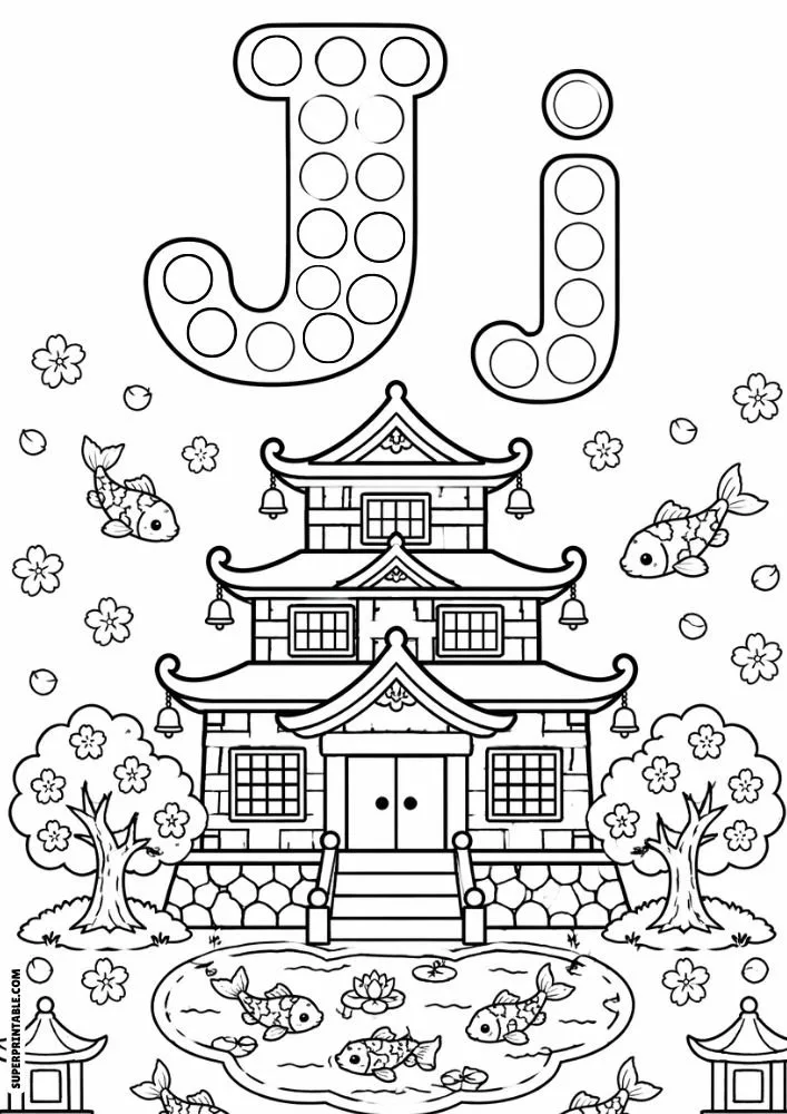 Letter J and lowercase j dot marker coloring page with a Japanese castle, koi fish, and flowering trees.