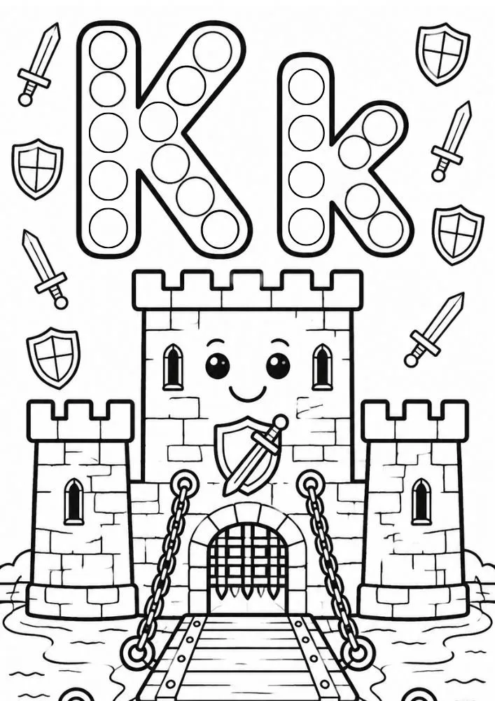 Letter K and lowercase k dot marker coloring page featuring a castle with shields, swords, and a drawbridge.