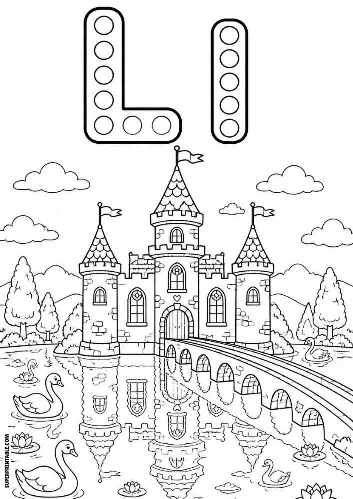 Letter L and lowercase l dot marker coloring page showing a castle beside a lake with swans and a bridge.