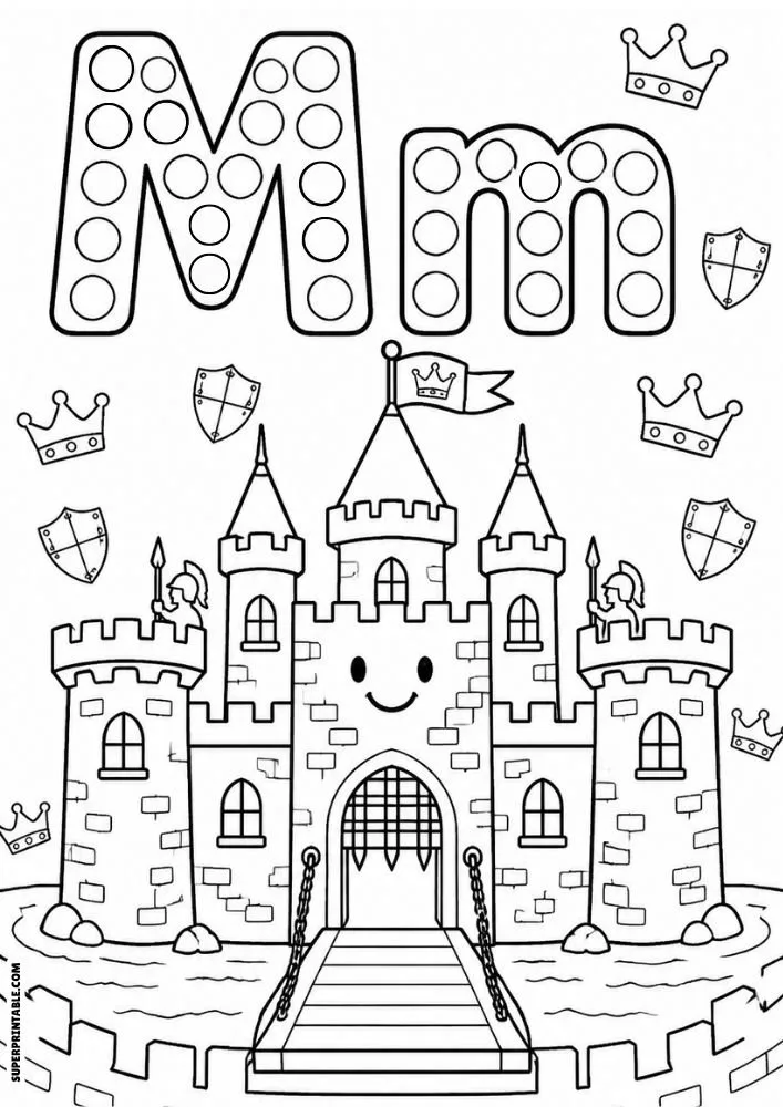 Letter M and lowercase m dot marker coloring page featuring a smiling medieval castle with crowns and shields.