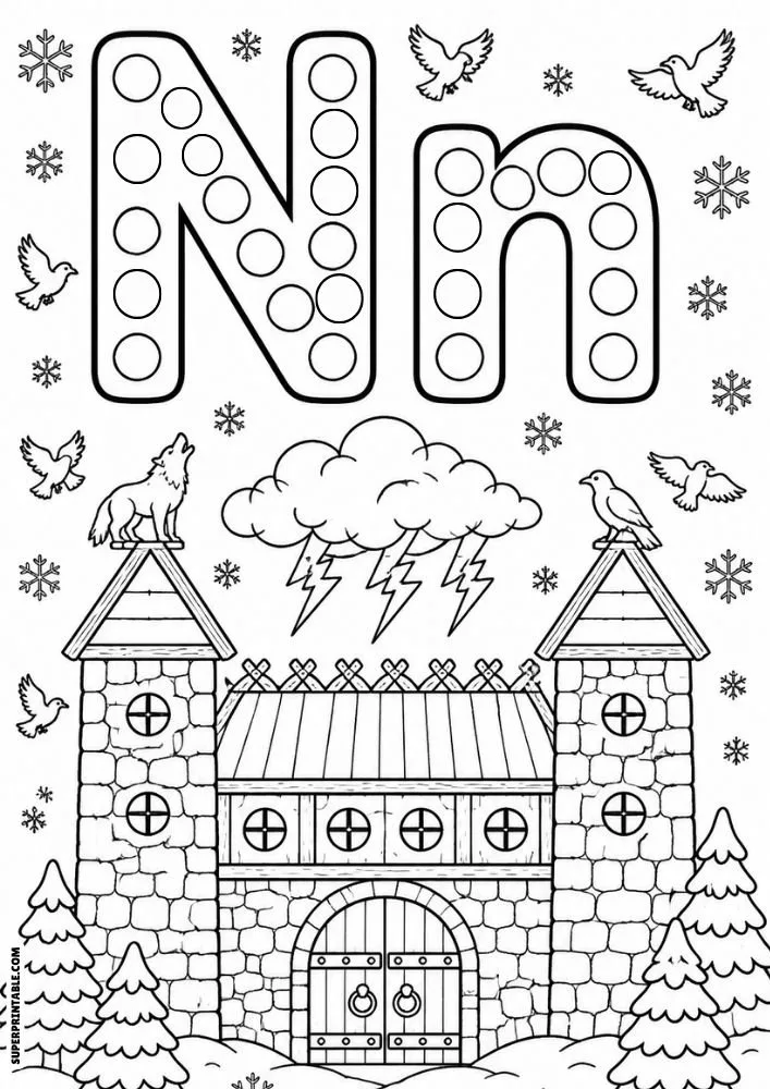 Letter N and lowercase n dot marker coloring page with a stone fortress, snowflakes, birds, and clouds.