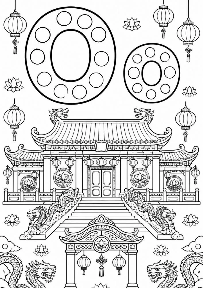 Letter O and lowercase o dot marker coloring page featuring an oriental palace with lanterns and dragon decorations.