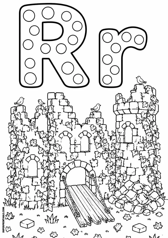 Letter R and lowercase r dot marker coloring page showing a ruined castle covered with vines and stones.