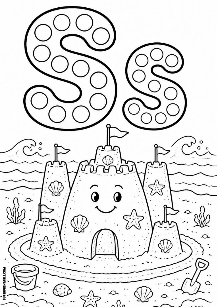 Letter S and lowercase s dot marker coloring page featuring a smiling sandcastle with seashells and beach toys.