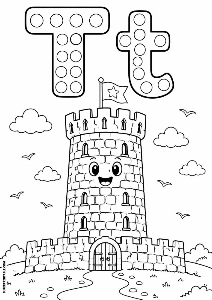 Letter T and lowercase t dot marker coloring page showing a smiling stone tower castle with clouds and birds.