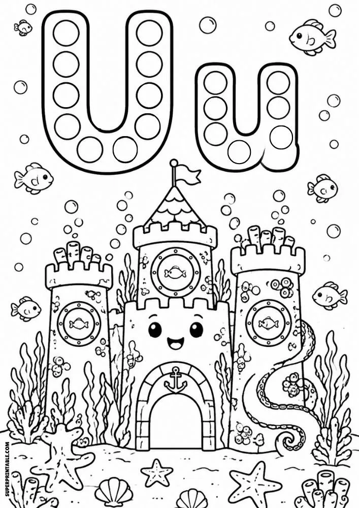 Letter U and lowercase u dot marker coloring page featuring a smiling underwater castle with fish, starfish, seashells, and sea plants.