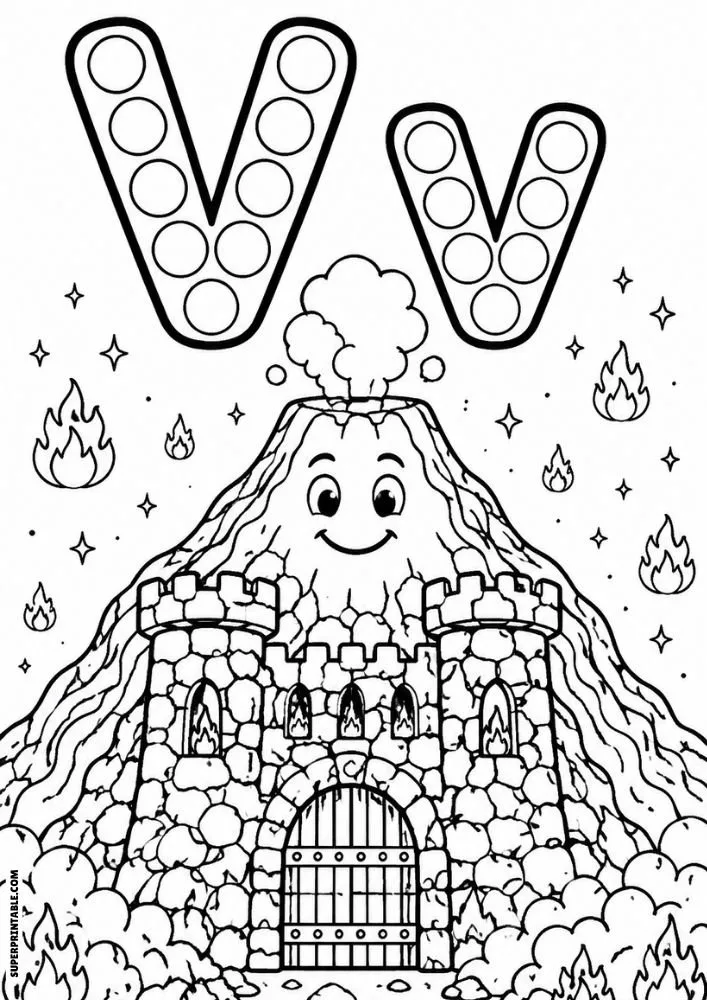 Letter V and lowercase v dot marker coloring page with a castle in front of a smiling volcano, flames, and rocks.