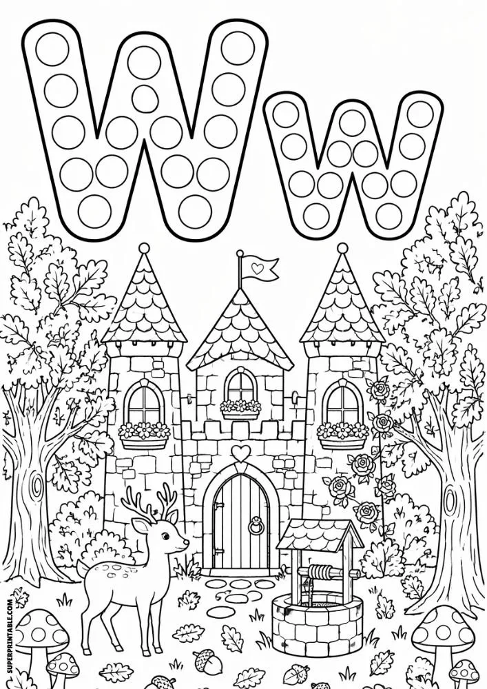 Letter W and lowercase w dot marker coloring page featuring a woodland castle with trees, a deer, flowers, and a wishing well.