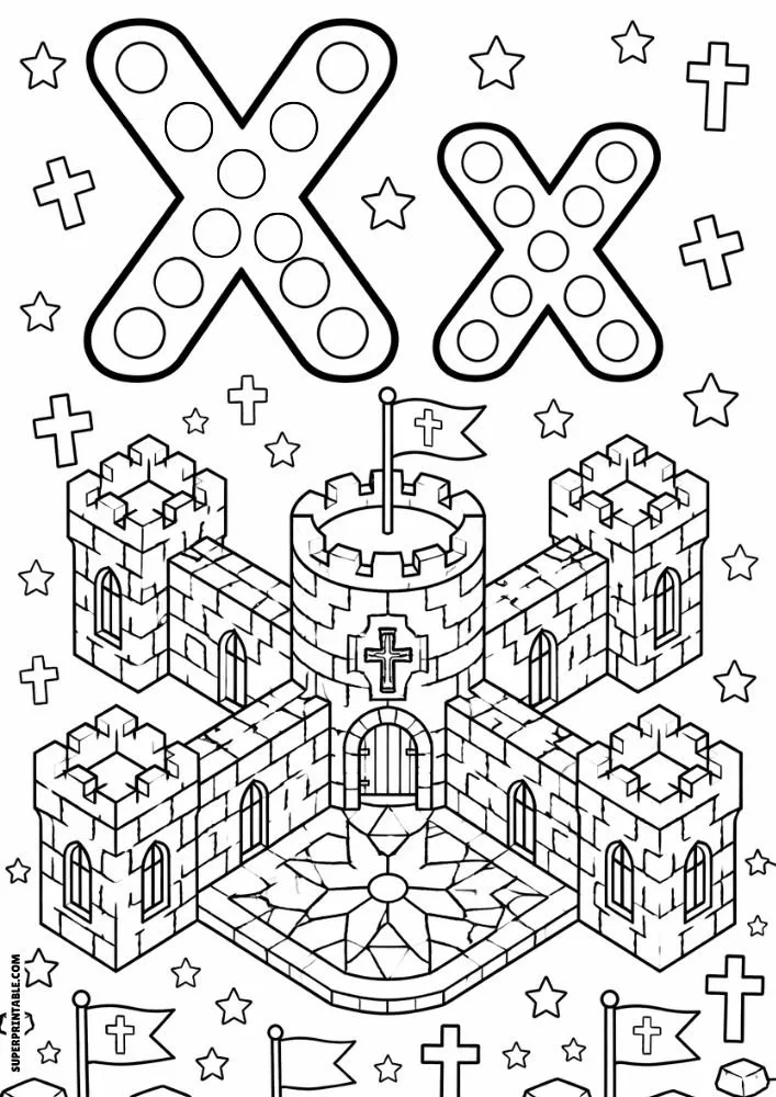 Letter X and lowercase x dot marker coloring page showing a castle with crosses, stars, towers, and stone walls.