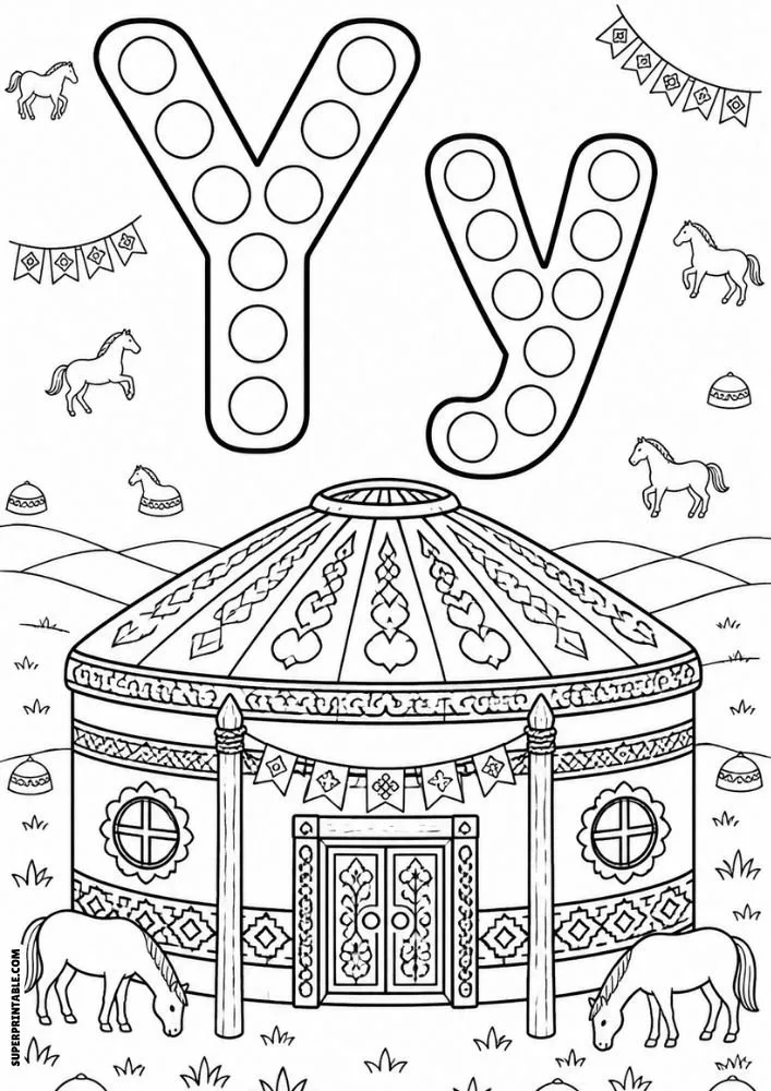 Letter Y and lowercase y dot marker coloring page featuring a decorated yurt with horses and open grassland.